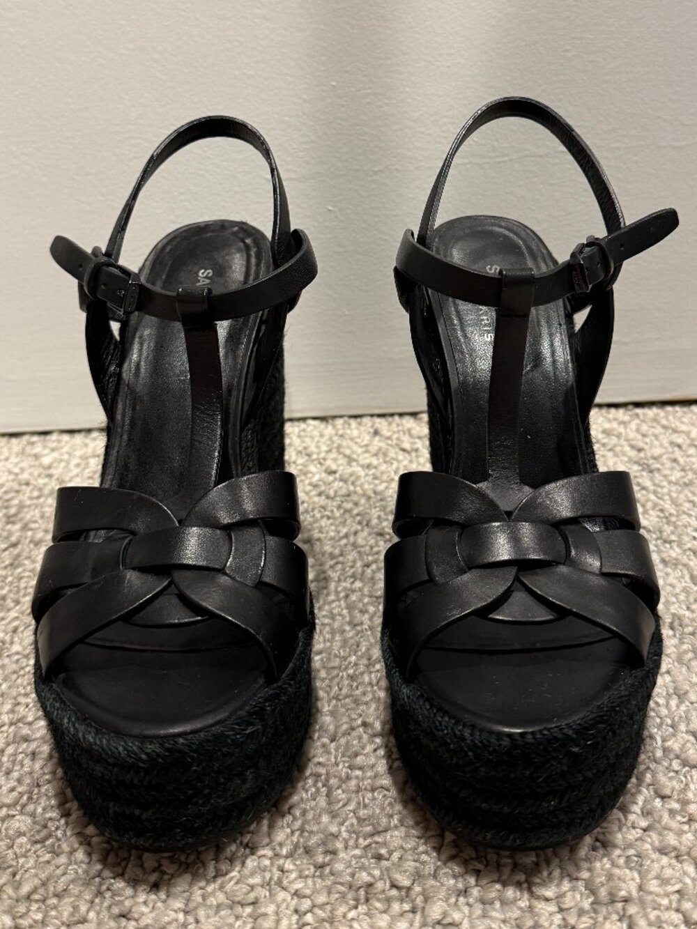 Saint Laurent Women's Tribute Espadrilles Wedge Sandals in Black Smooth Leather